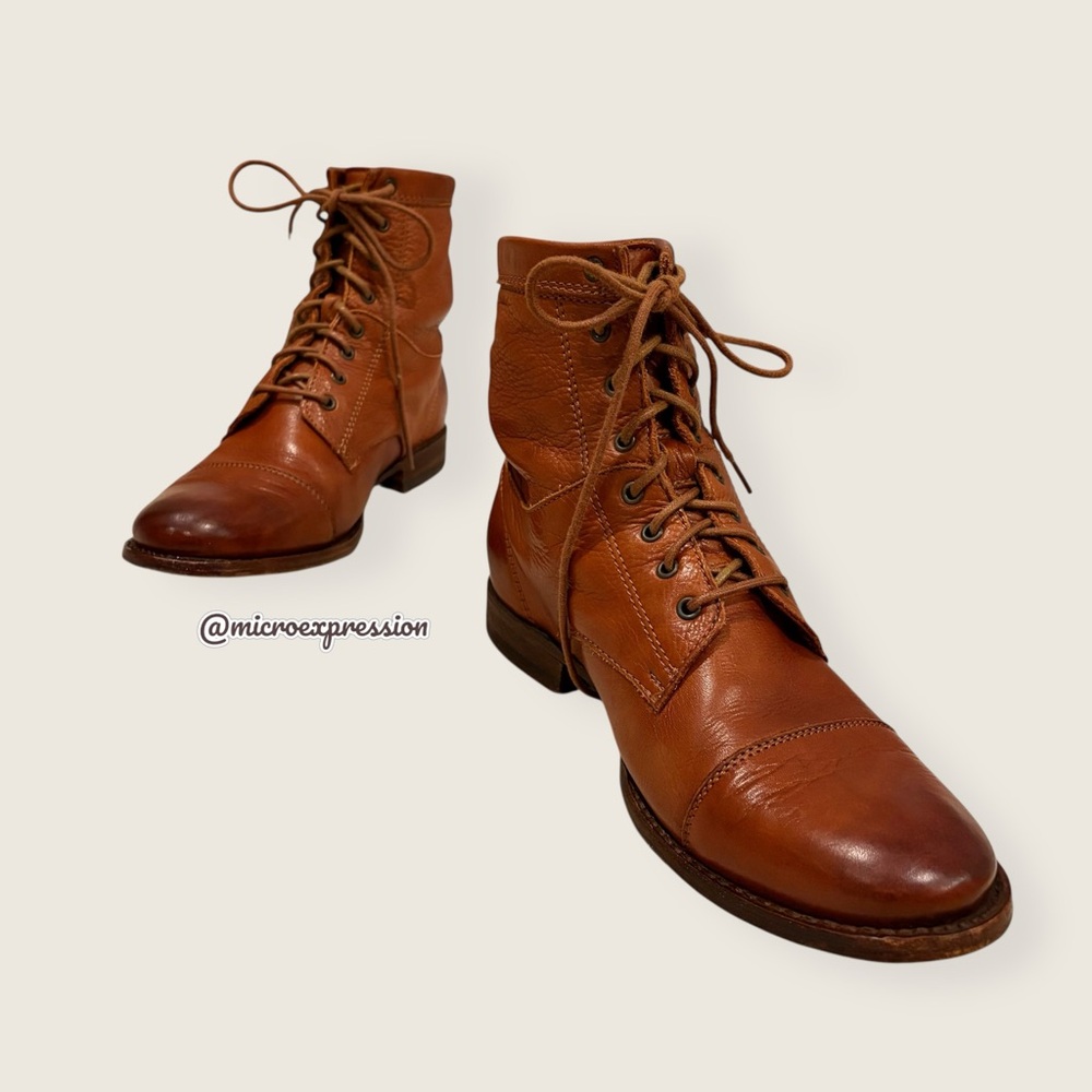 Frye Erin Lug Work Lace Up Combat Cognac Brown Leather Winter Fall Ankle Boot - Picture 15 of 15